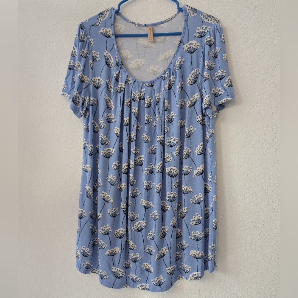 Anymeet Blue Floral Short Sleeve Hi Lo Top Blouse XL
